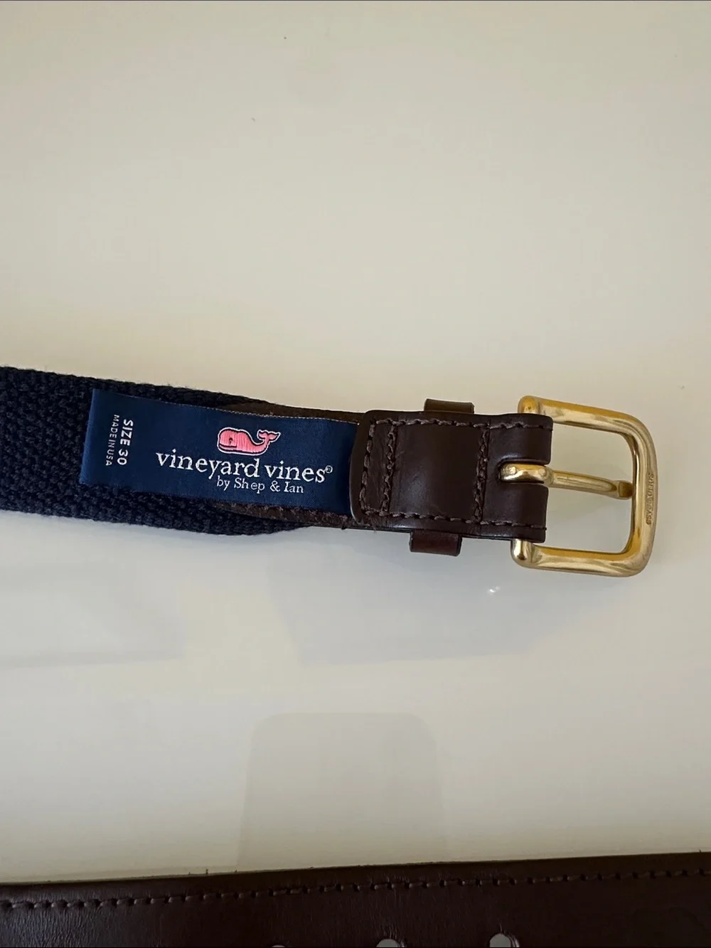 Vineyard Vines Navy Whale-Print Webbing Belt with Brown Leather Trim Size 30